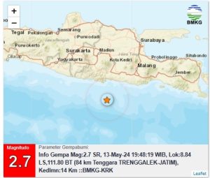 Info Gempa Mag:2.7, 13-May-24 19:48:19 WIB, Lok:8.84 LS,111.80 BT (84 km Tenggara TRENGGALEK-JATIM), Kedlmn:14 Km ::BMKG-KRK
