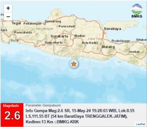 Info Gempa Mag:2.6, 15-May-24 19:28:03 WIB, Lok:8.55 LS,111.55 BT (54 km BaratDaya TRENGGALEK-JATIM), Kedlmn:13 Km ::BMKG-KRK