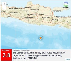 Info Gempa Mag:2.8, 15-May-24 23:42:03 WIB, Lok:9.37 LS,111.75 BT (142 km Tenggara TRENGGALEK-JATIM), Kedlmn:10 Km ::BMKG-BJI