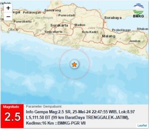 Info Gempa Mag:2.5, 25-Mei-24 22:47:55 WIB, Lok:8.97 LS,111.58 BT (99 km BaratDaya TRENGGALEK-JATIM), Kedlmn:16 Km ::BMKG-PGR VII