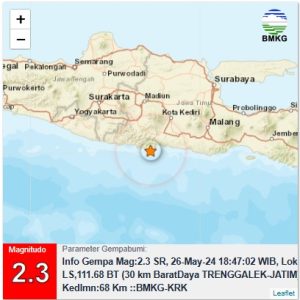 Info Gempa Mag:2.3, 26-May-24 18:47:02 WIB, Lok:8.36 LS,111.68 BT (30 km BaratDaya TRENGGALEK-JATIM), Kedlmn:68 Km ::BMKG-KRK