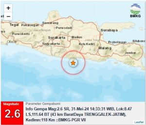 Info Gempa Mag:2.6, 31-Mei-24 14:33:31 WIB, Lok:8.47 LS,111.64 BT (43 km BaratDaya TRENGGALEK-JATIM), Kedlmn:118 Km ::BMKG-PGR VII