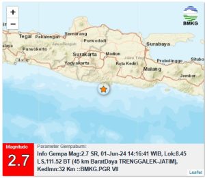 Info Gempa Mag:2.7, 01-Jun-24 14:16:41 WIB, Lok:8.45 LS,111.52 BT (45 km BaratDaya TRENGGALEK-JATIM), Kedlmn:32 Km ::BMKG-PGR VII