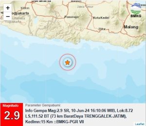 Gempa Mag: 2.9, 10-Jun-24 16:10:06 WIB, Lok: 8.72 LS, 111.52 BT (73 km Barat Daya TRENGGALEK-JATIM), Kedlmn: 15 Km :: BMKG-PGR VII