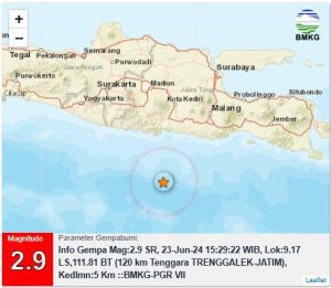 Info Gempa Mag:2.9, 23-Jun-24 15:29:22 WIB, Lok:9.17 LS,111.81 BT (120 km Tenggara TRENGGALEK-JATIM), Kedlmn:5 Km ::BMKG-PGR VII