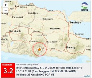 Info Gempa Mag: 3.2, 04-Jul-24 18:40:16 WIB, Lok: 8.10 LS, 111.78 BT (7 km Tenggara TRENGGALEK-JATIM), Kedlmn: 126 Km :: BMKG-PGR VII