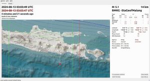Selasa, 13 Agustus 2024. Info Gempa Mag:5.1, 13-Agu-24 10:03:49 WIB, Lok:9.12 LS – 112.62 BT (109 km Tenggara KAB-MALANG-JATIM), Kedlmn: 14 Km ::BMKG-KRK