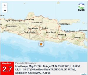 Info Gempa Mag:2.7, 14-Agu-24 02:03:09 WIB, Lok:8.50 LS,111.53 BT (50 km BaratDaya TRENGGALEK-JATIM), Kedlmn:24 Km ::BMKG-PGR VII