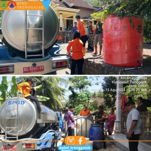 Kamis, 15 Agustus 2024. BPBD Kab. Trenggalek Melakukan distribusi air bersih ke RT. 02, 03 RW. 01 Dsn. Pakel Desa Pucanganak Kec. Tugu