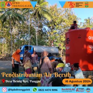 Jum’at, 16 Agustus 2024 BPBD Kab. Trenggalek mendistribusikan bantuan air bersih ke RT. 07, 08 RW. 04 Dsn. Krajan Desa Terbis dan RT. 20, 21 RW. 07 Dsn. Bungur Desa Besuki Kec. Panggul