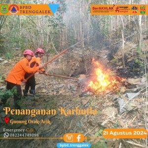 Rabu, 21 Agustus 2024. BPBD Trenggalek melaksanakan penanganan Kebakaran Hutan dan lahan di Gunung Orak Arik Ds. Jatiprahu Kec. Karangan