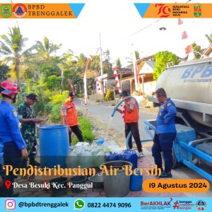 Senin, 19 Agustus 2024 BPBD Kab. Trenggalek mendistribusikan bantuan air bersih ke Desa Ngrencak dan Desa Besuki Kec. Panggul, Ds. Pogalan Kec. Pogalan serta di Ds. Wonoanti Kec. Gandusari