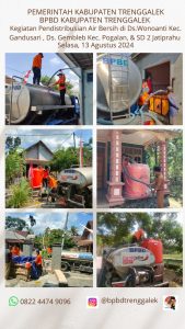 Selasa, 13 Agustus 2024. BPBD Kabupaten Trenggalek Memberikan bantuan air bersih ke Desa Wonoanti Kecamatan Gandusari, Desa Gembleb Kecamatan Pogalan dan Desa Jatiprahu Kecamatan Karangan.