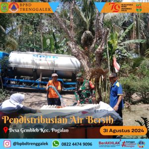 Sabtu, 31 Agustus 2024 BPBD Kab. Trenggalek mendistribusikan bantuan air bersih ke Kecamatan Pogalan