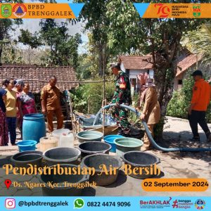 Senin, 02 September 2024 BPBD Kab. Trenggalek mendistribusikan bantuan air bersih di Kecamatan Gandusari, Kecamatan Trenggalek, Kecamatan Tugu, Kecamatan Pogalan, dan Kecamatan Panggul