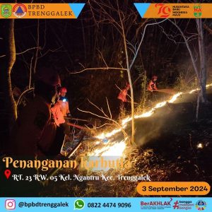 Selasa, 3 September 2024 BPBD Trenggalek melaksanakan penanganan Kebakaran Hutan dan lahan di Gunung Klenteng RT. 23 RW. 05 Kel. Ngantru Kec. Trenggalek