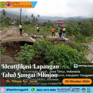 Identifikasi Lapangan menindaklanjuti hasil Rekomendasi Gubernur Jawa Timur. Tanggal 20 Oktober 2024 pada usulan Rekonstruksi Talud Sungai Tawing di Desa Karanganyar Kecamatan Gandusari dan Rekonstruksi Talud Kali Mlinjon di Desa Mlinjon Kecamatan Suruh