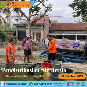 Senin, 21 Oktober 2024 BPBD Kab. Trenggalek mendistribusikan bantuan air bersih ke Desa Sambirejo Kec. Trenggalek