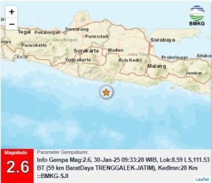 Info Gempa Mag:2.6, 30-Jan-25 09:33:28 WIB, Lok:8.59 LS,111.53 BT (59 km BaratDaya TRENGGALEK-JATIM), Kedlmn:28 Km ::BMKG-SJI