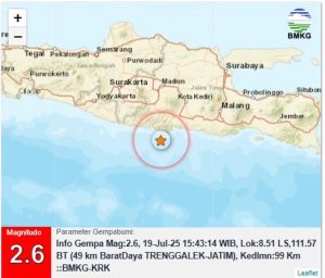 Info Gempa Mag:2.6, 19-Jul-25 15:43:14 WIB, Lok:8.51 LS,111.57 BT (49 km BaratDaya TRENGGALEK-JATIM), Kedlmn:99 Km ::BMKG-KRK